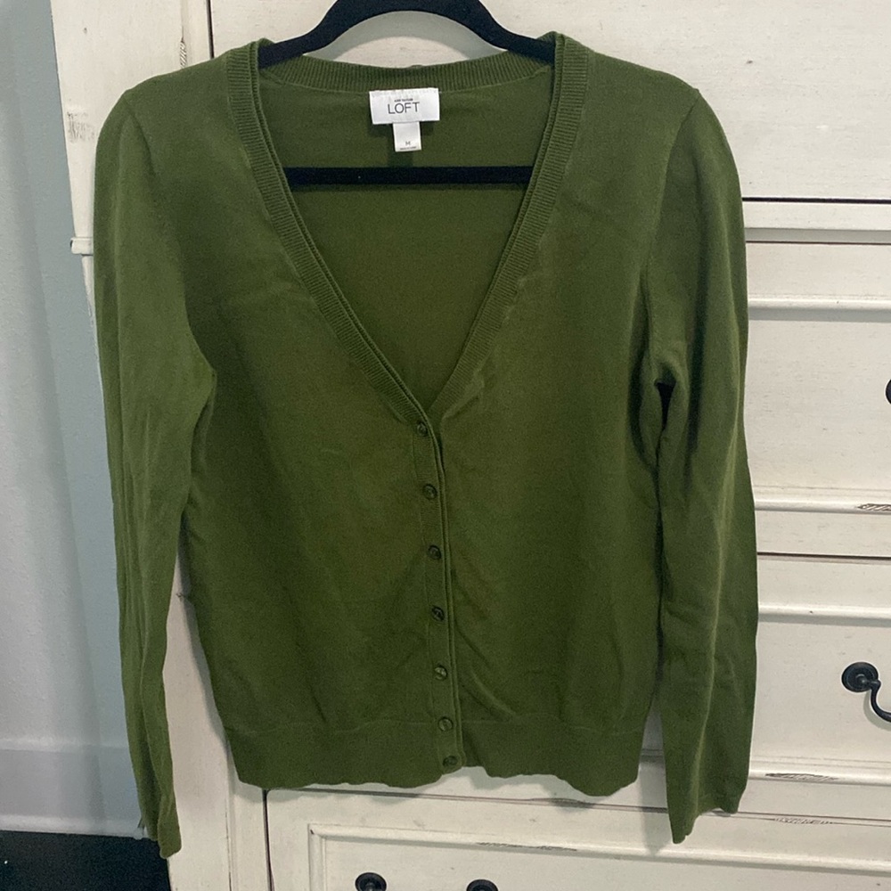 Ann Taylor Loft Button Down Sweater in Olive Green